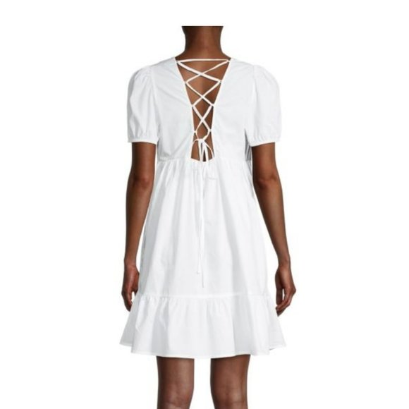 Tash+Sophie Women's White Puff Sleeve Back Lace Up Dress, Size M - Picture 2 of 7